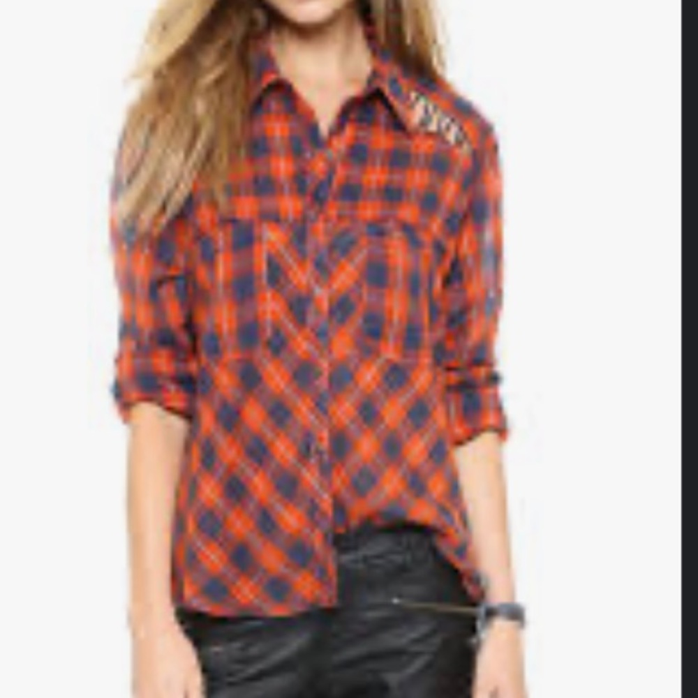 Free People Gauzy Plaid Lace Up Button Down Top